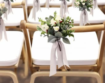 16 Pcs White Artificial Flower Wedding Aisle Decorations, Eucalyptus and Ribbon Chair Decor for Ceremony, Wedding Decor, Wedding Accessories