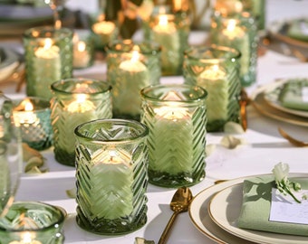 12 PCS Green Votive Candle Holders - Elegant Centerpiece for Sage Green Wedding Decor, Reception, Rustic/Spring Events