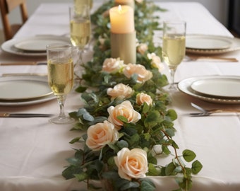 6.56ft Eucalyptus Garland with 8 Champagne Roses - Lush Floral Greenery for Weddings, Parties, and Home Decor