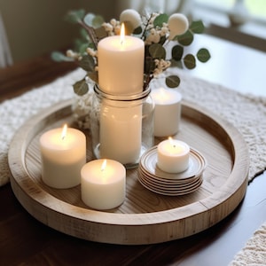 Round Wooden Candle Plate Holder Tray, Farmhouse Table Centerpiece, Rustic Whitewash Wood, Tealight Pillar Trays, Winter Wedding Decor