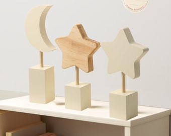 3-Piece Wooden Nursery Shelf Decor - Boho Moon and Stars Set - Bohemian Baby Decor for Nursery, Bedroom, Boys, Girls, Kids, Nursery Decor