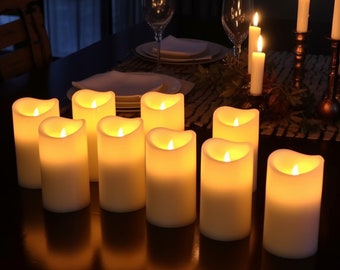 Set of 12 Flameless Candles with Remote Timer - Battery-Operated, Ivory Real Wax Pillars, Flickering LED L 3" x H 4", Birth Candles, Lantern