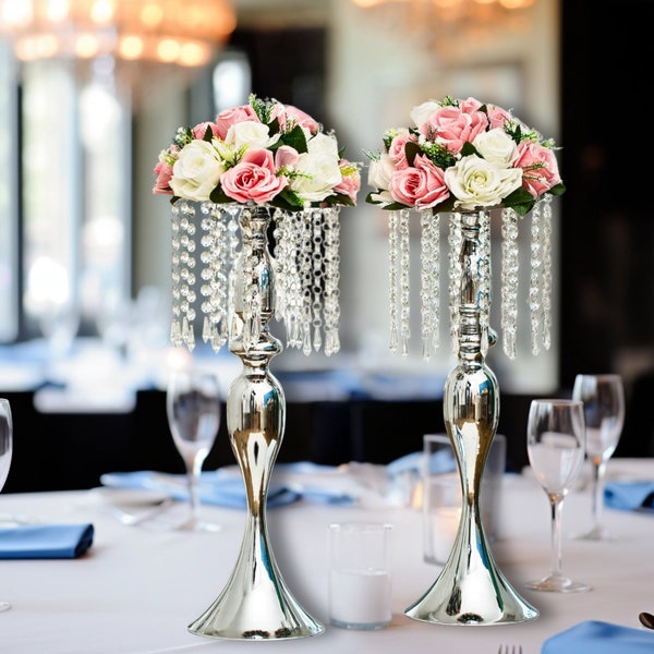 Elegant Silver Vases Centerpieces, Set of 10 10.2/13.8/21.3in Crystal Flower Stands, Wedding Centerpiece, Wedding Shower, Baby Shower Decor