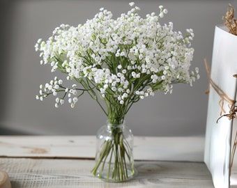 10 flores artificiales de seda de Gypsophila de aliento de bebé blanco de 21 pulgadas, decoración floral de tacto realista para bodas y hogar, decoración de ducha de boda