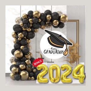 Black and Gold Graduation Garland Arch Kit, 121 pcs Graduation Balloon Canopy in Black and Gold, Bonus 2024 Gold Balloon, 2024 Balloons