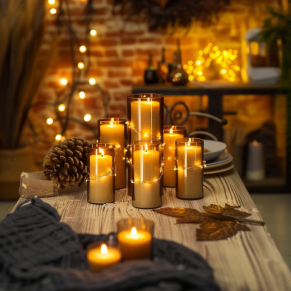 Flameless Pillar Candle for Hacienda Wedding Decor Centerpiece 7pc Grey Flameless LED Candle String Light Battery Operated Remote Control