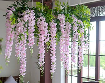 72 Total Branches Artificial Light Pink Wisteria Hanging Flowers Garland, Perfect for Weddings, Parties, and Home Decor, White Wedding Decor