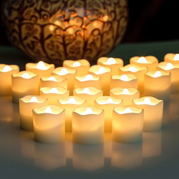 Lot de 24 bougies votives sans flamme, bougies chauffe-plat LED blanc chaud, décoration de table de mariage, décoration de mariage, bougies de mariage, bougies LED, bougies chauffe-plat