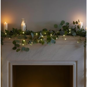 6FT Lighted Twig Eucalyptus Garland with 96 Warm White LEDs, Battery Operated & Timer, Mantle Decor, Christmas Decor, Eucalyptus Vase Decor