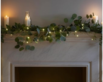 6FT Lighted Twig Eucalyptus Garland with 96 Warm White LEDs, Battery Operated & Timer, Mantle Decor, Christmas Decor, Eucalyptus Vase Decor