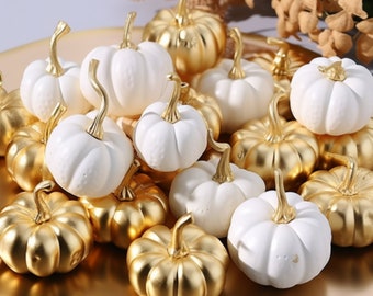 16 Assorted Fall Artificial Pumpkins - Harvest White & Gold Plating Pumpkins - Halloween Decor - Fall Decor - Thanksgiving Decor -