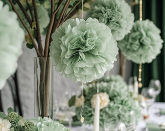 Sage Wedding Decor 12 PCS Dusty Sage Green Tissue Paper Pom Poms Elegant Decor for Baby Showers Weddings, Baby Shower Decor Sage Green Decor