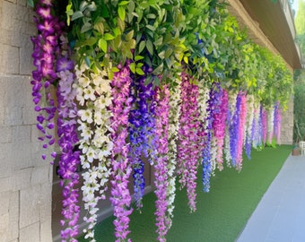 Hangende Wisteria-slinger, 24 stuks, 72 takken, kunstmatige hangende bloemen voor bruiloftsdecoratie, wit lichtroze, felroze, paars en turkoois