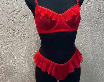 Roter Slip und BH-Set, Durchsichtig, Dessous-Set, Zhgunmadestore