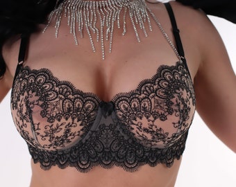 Bra made of lace and soft black elastic mesh,bra for large bust,Shelf Bra plus size,bra with support, lingerie for women