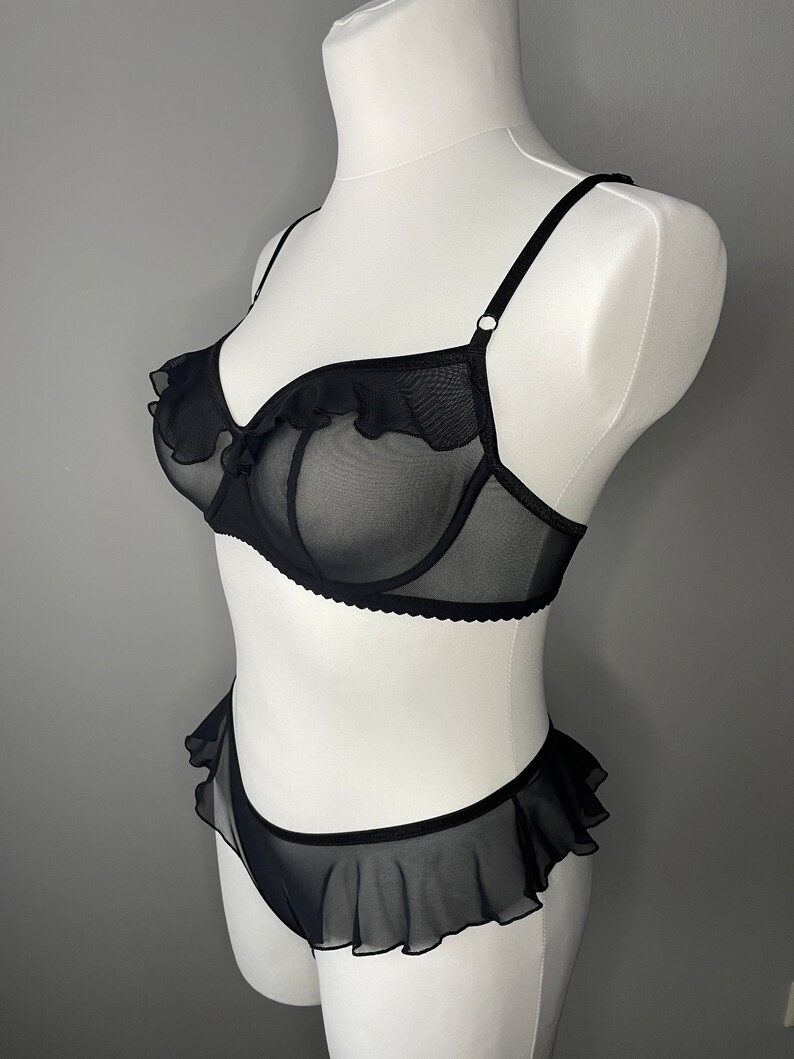 Black Panty and Bra Set, See Through Lingerie Set, Mesh Bra, Sheer Lingerie Set, Zhgunmadestore