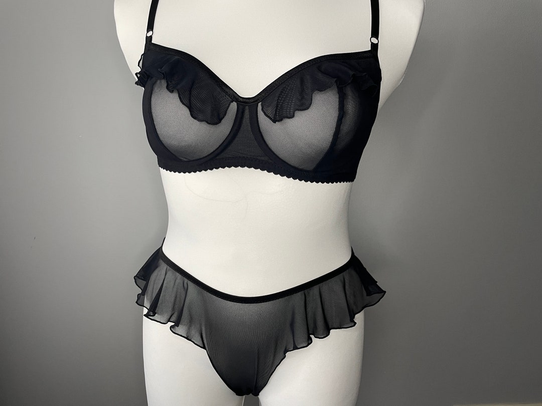 Black Panty and Bra Set, See Through Lingerie Set, Mesh Bra, Sheer Lingerie Set, Zhgunmadestore