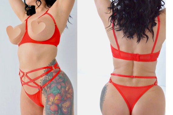 Red Open Crotch Lingerie Set, Open Cup Bra, Crotchless Panties, Harness  Lingerie, Strappy Lingerie 