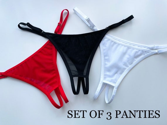 SET OF THREE Open Crotch Lingerie, See Through Panties, Crotchless