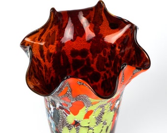 Grand Vase En Verre Soufflé Style Murano – Coloré, Bord Large, Noir Et Rouge