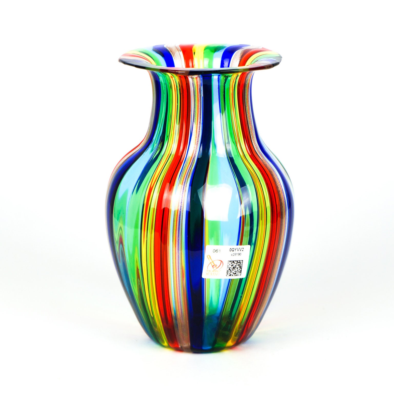 Vase Coloré En Verre Soufflé Style Murano – Fabrication Artistique Italienne, Hauteur 26 Cm