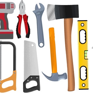 Op de afbeelding: Een set gereedschap voor doe-het-zelfprojecten, waaronder een boormachine, een hamer, een zaag, een waterpas, een meetlint, een tang, een sleutel, een bijl, een kwast en een schroevendraaier.