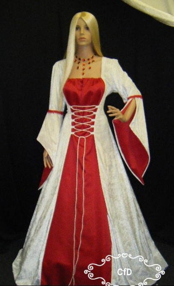 Vestido medieval en blanco con raso rojo ayuno de manos | Etsy México