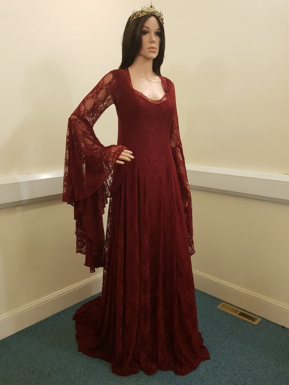 Burgundy Red Lace Elven Dress Medieval 