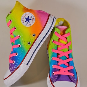 Custom Dyed Slanted Reverse Neon Rainbow Converse All Star High Top Shoes With Hot Pink Laces FREE SHIPPING