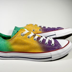 Custom Dyed Angled Purple Gold and Green Mardi Gras Converse All Star Low Top Shoes