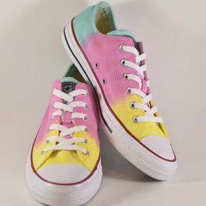 Custom Dyed Yellow, Pink and Mint Converse All Star Low Top Shoes