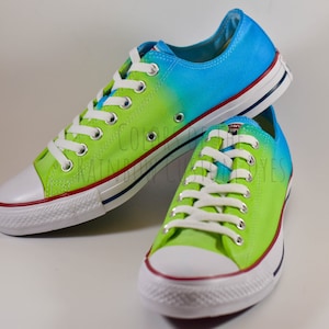 Custom Dyed Neon Lime and Turquoise Converse All Star Low Top Shoes Green and Blue