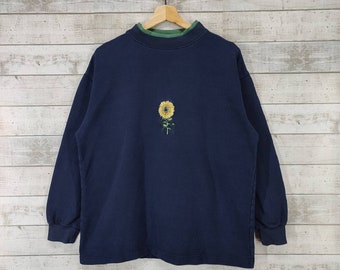 SUNFLOWER Floral Embroidery Print Sweatshirt, Vintage Mid Weight Loose Sweater, Navy Blue Crewneck Jumper Women's Size S