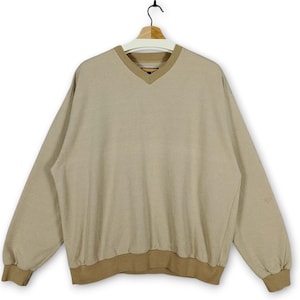 Vintage 90s MUNSINGWEAR Plain Blank V-neck Sweatshirt | Classic Soft Brown Pullover Size L | Retro Casual Wear