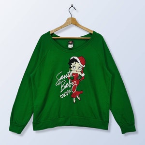 Betty Boop Christmas Sweatshirt, Vintage Santa Baby Raglan Sweater, Green Scoop Neck Jumper Women&#39;s Size XXG
