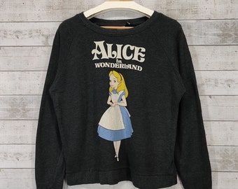 ALICE IN WONDERLAND Thin Sweatshirt, Vintage Disney Cartoon Scoop Neck Sweater, Dark Grey Women Jumper Size M