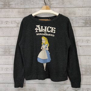 ALICJA W KRAINIE CZARÓW Cienka bluza, sweter z okrągłym dekoltem w stylu vintage Disney Cartoon, ciemnoszary damski sweter w rozmiarze M