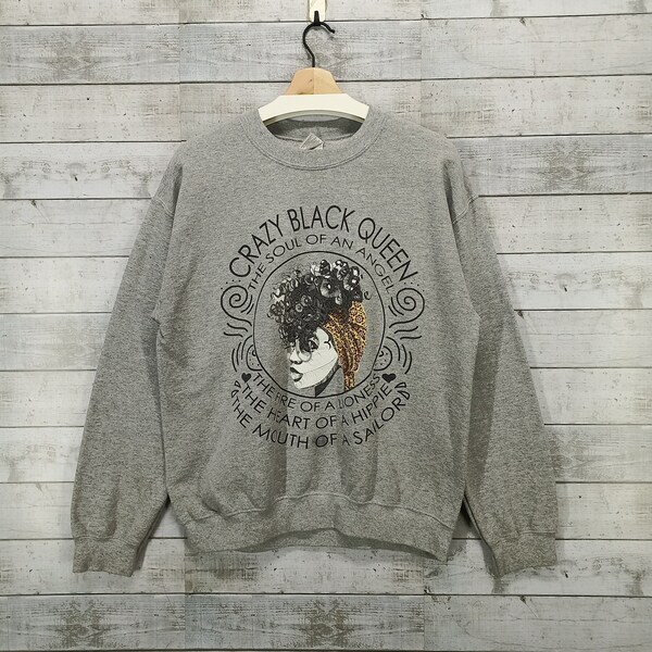 Felpa Crazy Black Queen, maglione casual girocollo vintage, maglione pullover grigio taglia M