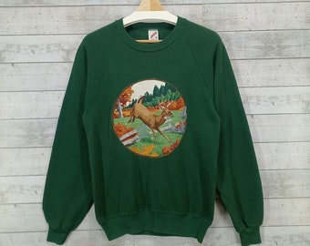 Moletom com gola redonda gráfica DEER dos anos 90, suéter vintage Jerzees Raglan, pulôver verde tamanho S