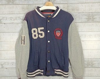 Tommy Hilfiger Varsity Jacket, Vintage Hilfiger Faded Blue Color Sweatshirt, Snap Button Sweater Size M