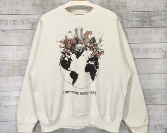 90s Origin Wild Animals Sweatshirt, Vintage Fruit Of The Loom Crewneck Sweater, White Pullover Jumper Size L