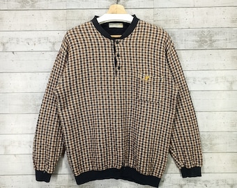 Sudadera con estampado de cuadrícula de Lyle y Scott de los años 90, suéter vintage de diseñador con cremallera de un cuarto, jersey marrón talla M