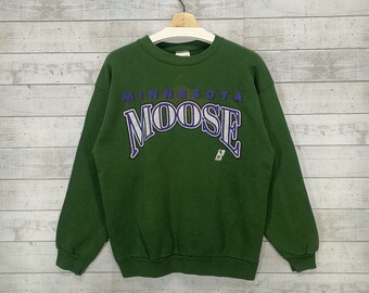 Vintage 90s Minnesota Moose Sweatshirt, NHL Hockey Team Crewneck Sweater, Green Jumper Size L, Faded Spot Color