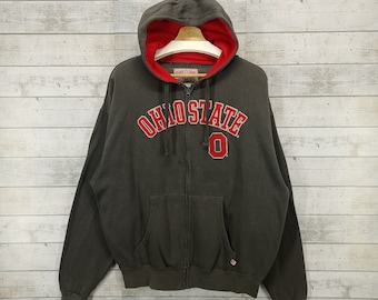 Sweat à capuche entièrement zippé OHIO State University, sweat-shirt décontracté universitaire vintage, pull gris taille XL