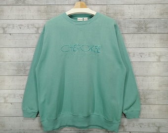 Cherokee Crewneck Sweatshirt, Vintage Embroidered Logo Casual Sweater, Soft green Jumper Size L