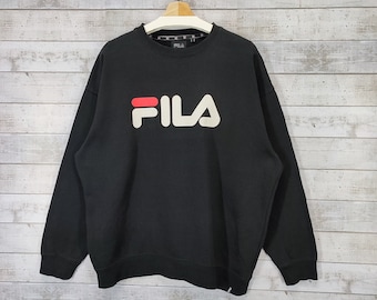 FILA Crewneck Sweatshirt, Vintage Embroidery Spell out Logo Heavy Weight Sweater, Black Pullover Jumper Size L