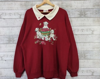 90s Dalmatian Dogs Sweatshirt, Vintage Morning Sun Made in USA Sweater, Red Maroon Women Jumper Size L