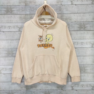 Looney TunesTweety Pullover Hoodie, Vintage Warner Bros Cartoon Sweater, Beige Jumper Hoodie size M