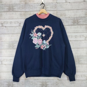 90s Morning Sun Floral Sweatshirt, Vintage Love Flower Crewneck Sweater, Navy Blue Jumper Size L