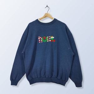 Bluza z nadrukiem świątecznym Noel z lat 90., zimowy sweter z okrągłym dekoltem w stylu vintage, wyblakły niebieski sweter o średniej wadze, rozmiar XL